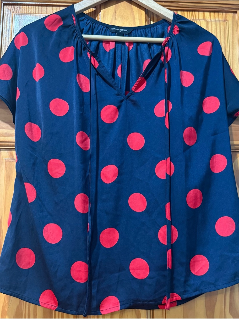 Banana Republic Navy Blue Polka Dot Tie-Neck Top